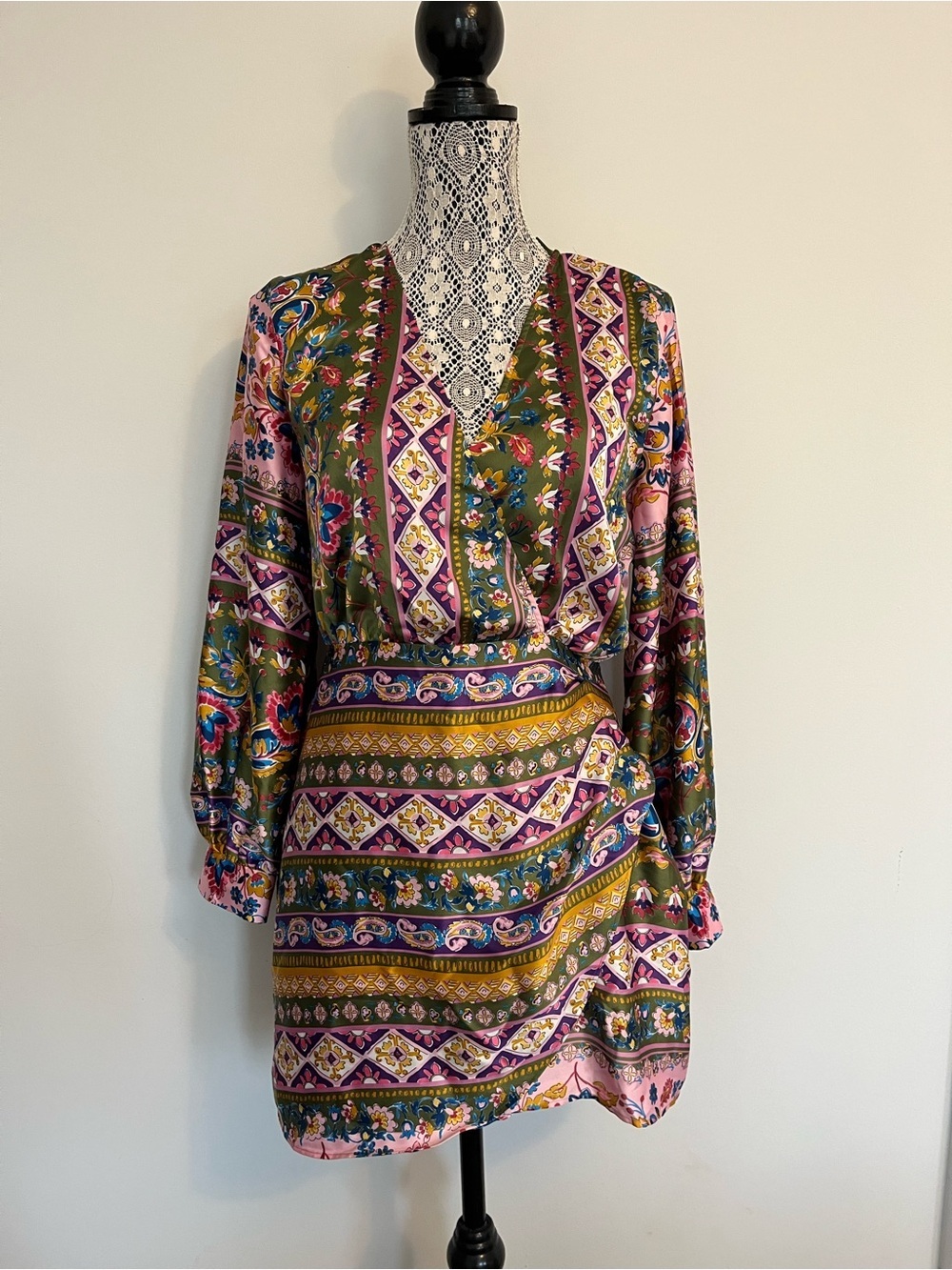 Zara Pink, Green & Gold Paisley Wrap Mini Dress - Picture 3 of 8
